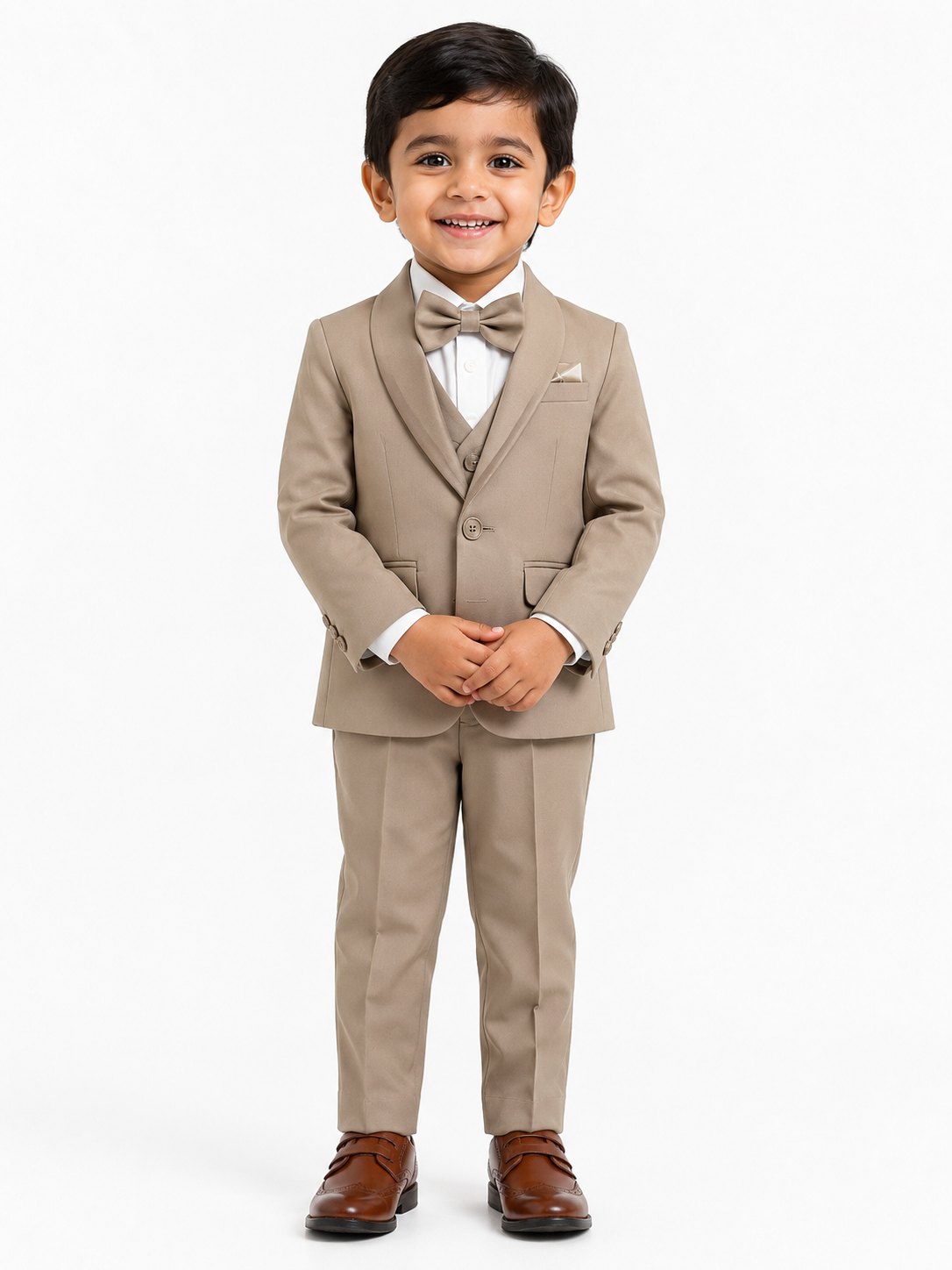 Boys 4-piece tan formal suit set front view