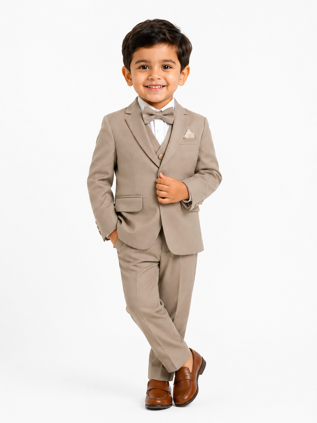Boys 4-piece tan formal suit set front view
