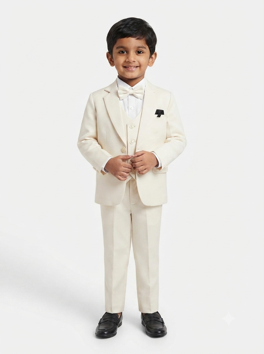 Boys 4-piece cream formal suit set front view — blazer, waistcoat, trousers and bow tie

