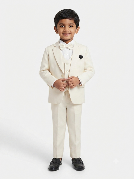 Boys 4-piece cream formal suit set front view — blazer, waistcoat, trousers and bow tie
