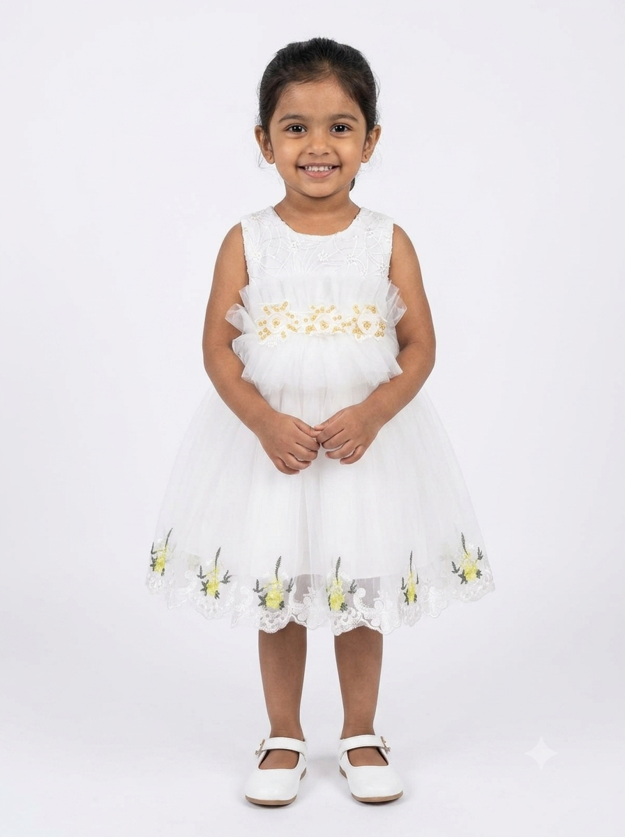 Enchanting White Floral Embellished Party Dress for Girls