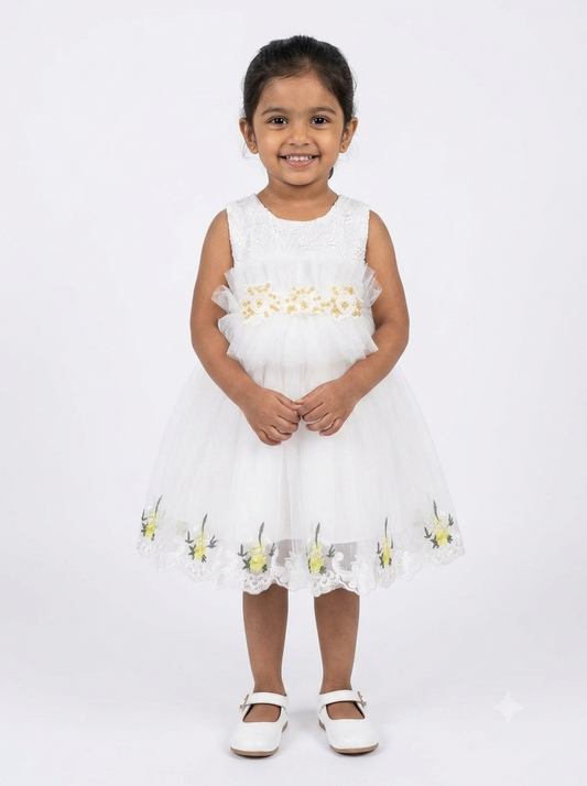 Enchanting White Floral Embellished Party Dress for Girls