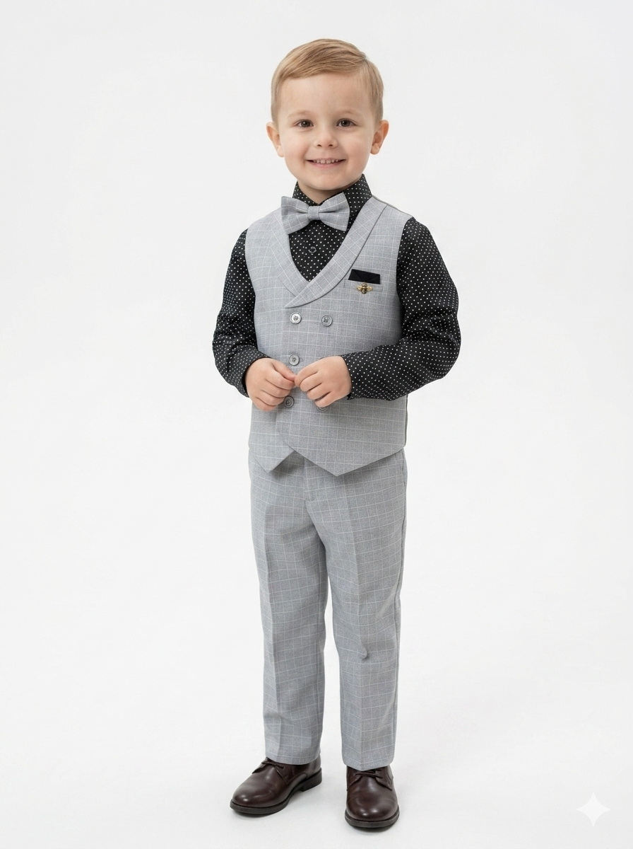 The Little Explorer’s Grey Checkered 4-Piece Vest & Polka Dot Set