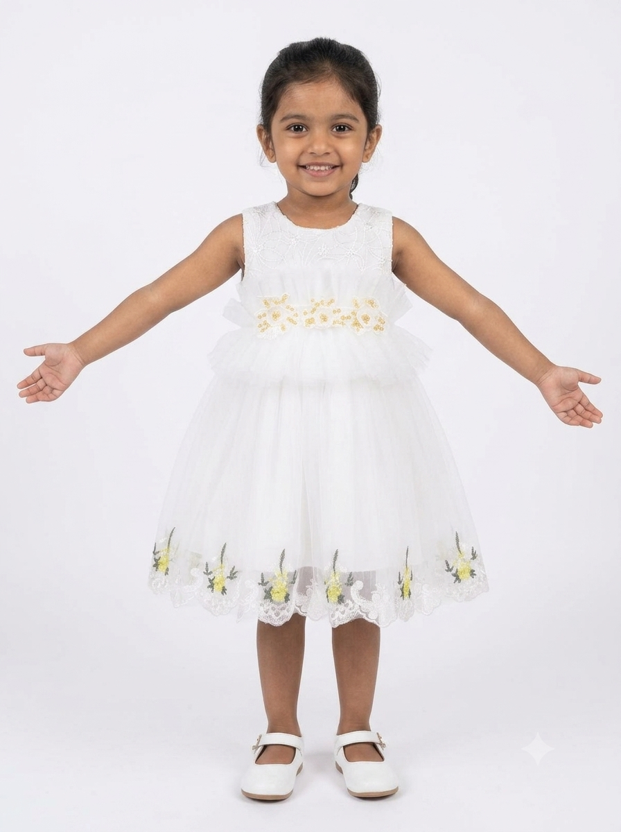 Enchanting White Floral Embellished Party Dress for Girls