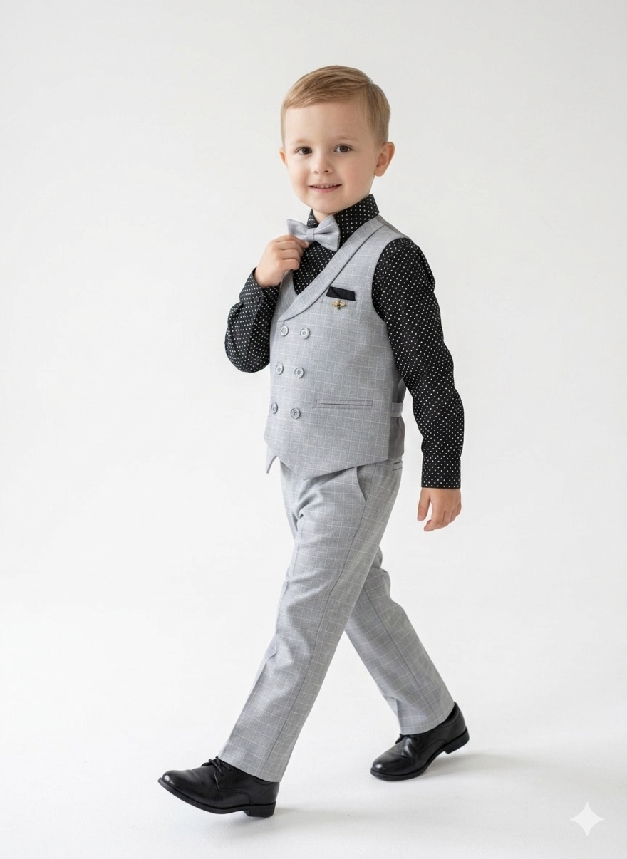The Little Explorer’s Grey Checkered 4-Piece Vest & Polka Dot Set