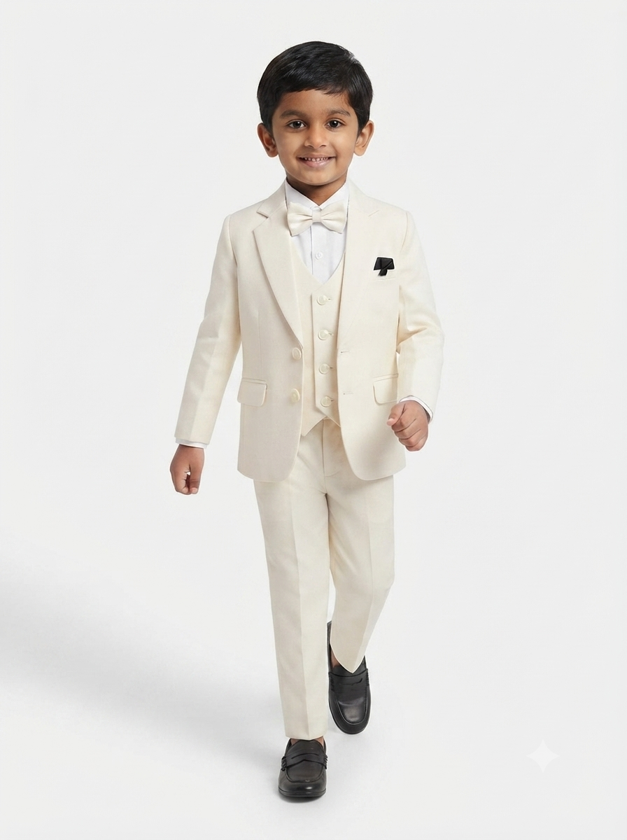 Boys 4-piece cream formal suit set front view — blazer, waistcoat, trousers and bow tie
