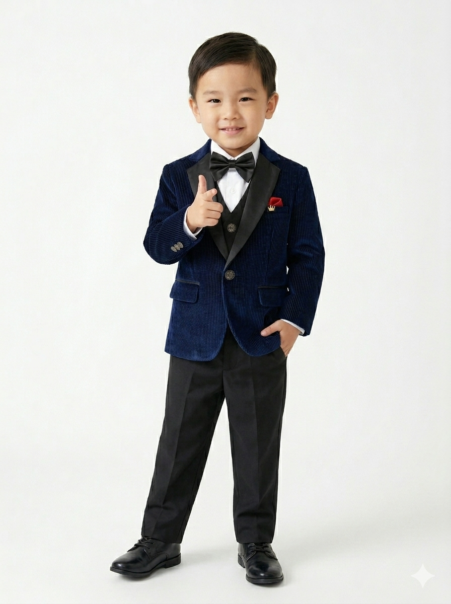 The Little Gentleman's Navy Blue Shimmer Corduroy 5-Piece Tuxedo