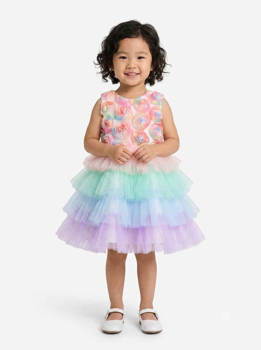 Dreamy Pastel Rainbow Ruffle Party Dress for Girls