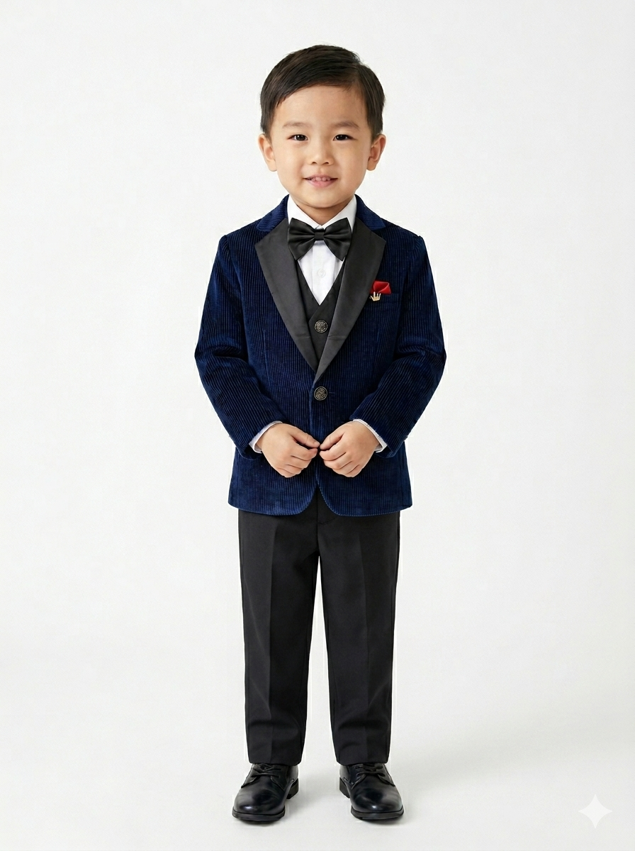 The Little Gentleman's Navy Blue Shimmer Corduroy 5-Piece Tuxedo