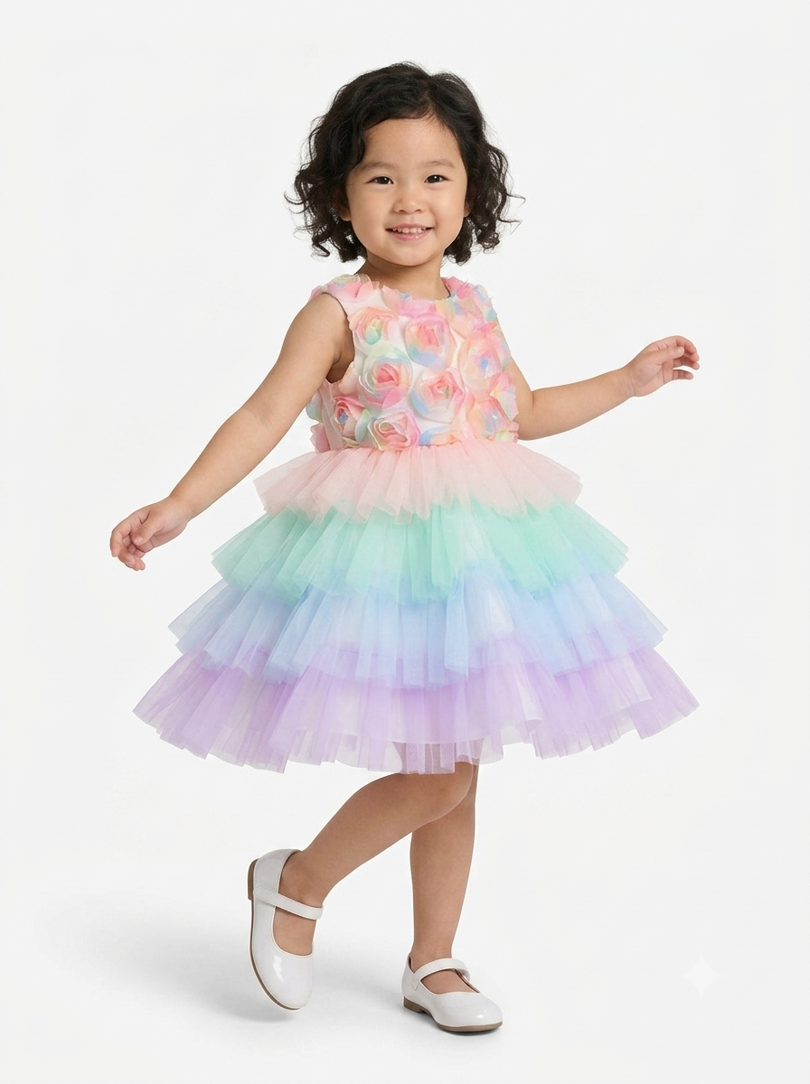 Dreamy Pastel Rainbow Ruffle Party Dress for Girls