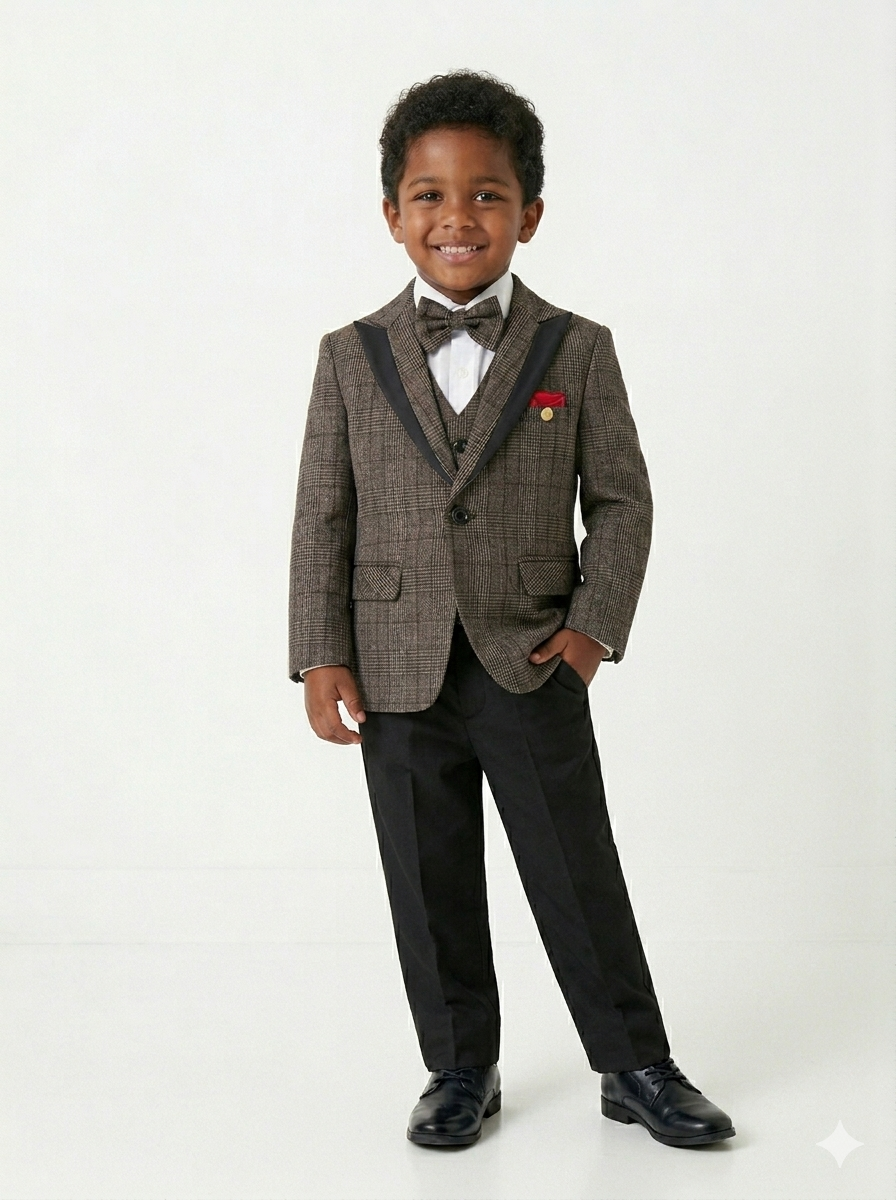 The Little Gentleman's Brown Checkered 5-Piece Tuxedo