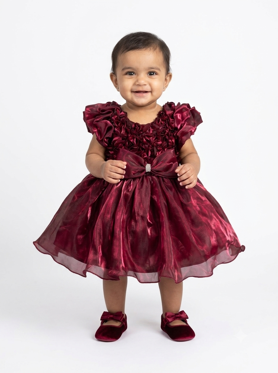 Elegant Shimmering Burgundy Party Dress with Structured Bow Detail